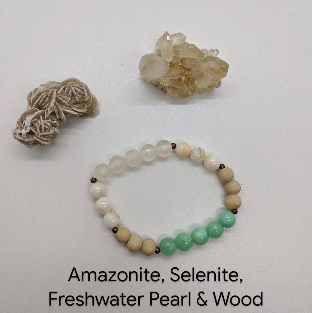 Amazonite, Selenite, FW Pearl & Wood Bracelet